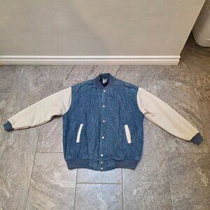 Vintage 90’s Varsity Jacket Faded Stonewash Denim Fruit of the Loom Grunge Y2K